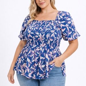 Haptics - 3x Blue Floral Smocked Square-Neck Blouse - NWOT